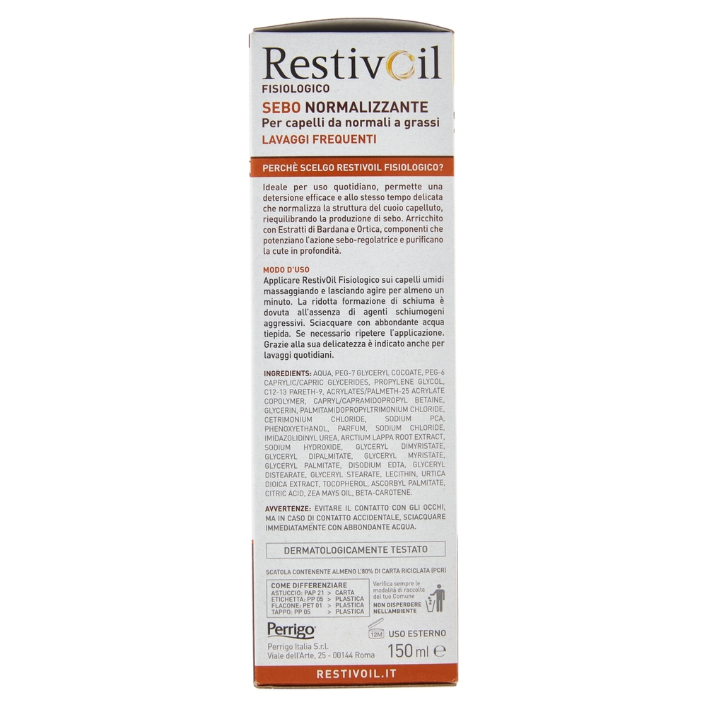 RestivOil Fisiologico Olio-Shampoo per Cute Sensibile Sebo Normalizzante 150 ml
